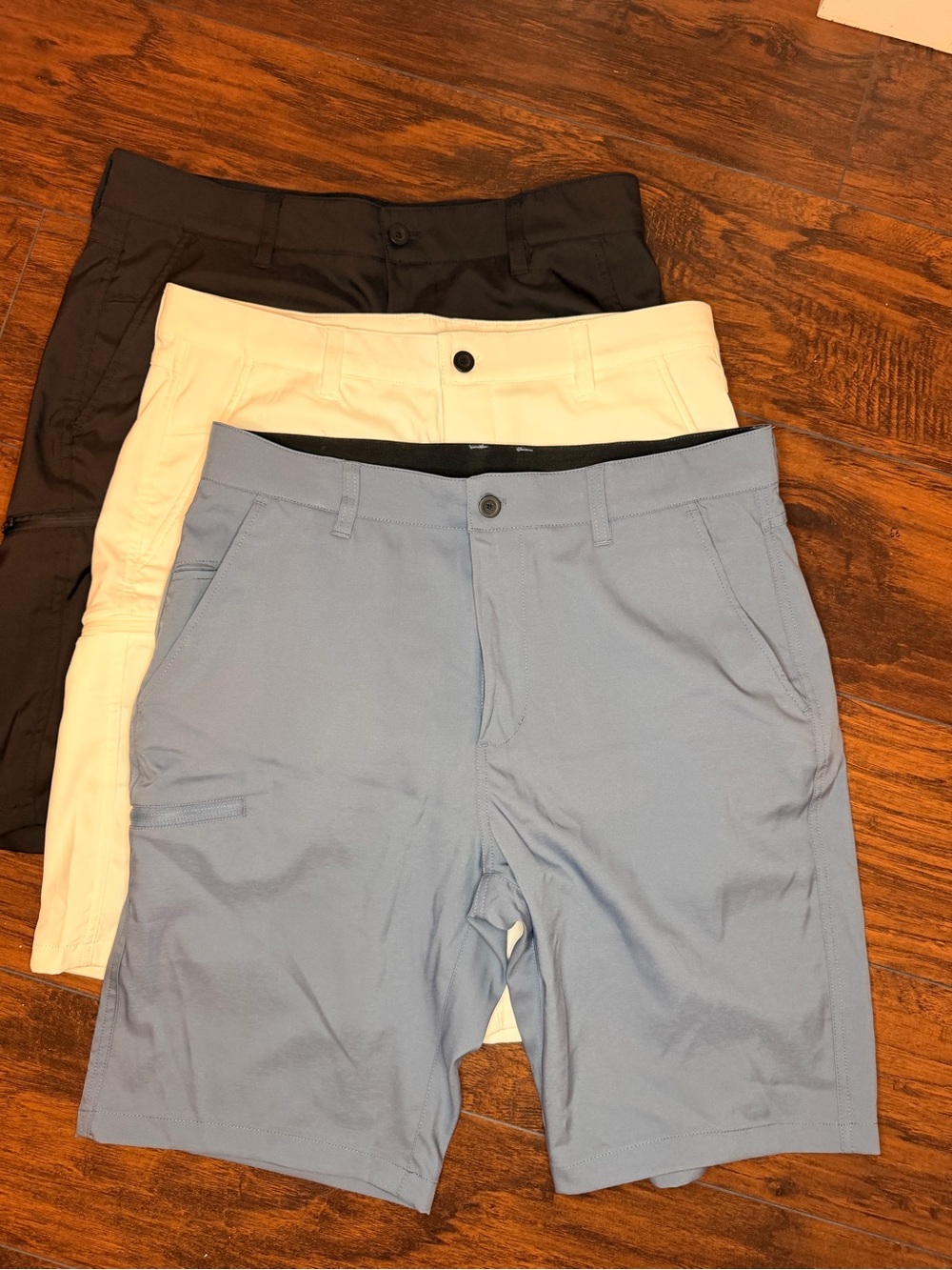 Men's Performance Stretch Shorts - Light Blue, White & Black (3-Pack)
